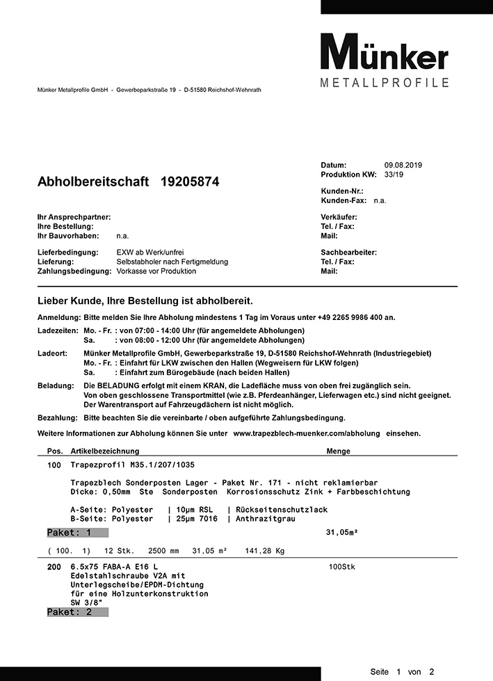 Das Bild zeigt ein Beispiel für unsere Abholbereitschaft, die dem Kunden informiert, dass er sein Ware abholen kann.