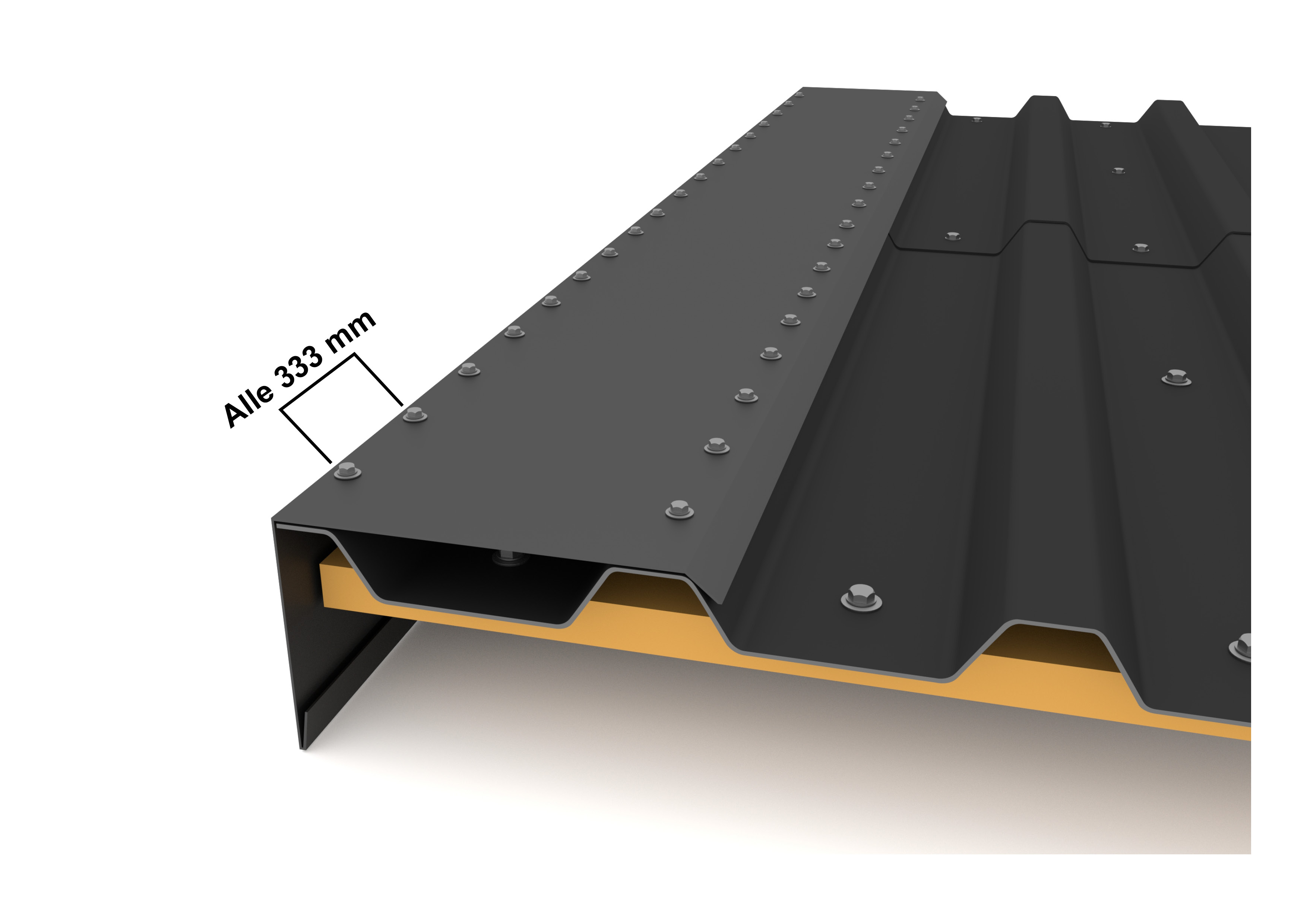 Das Bild zeigt die Verschraubung von Ortgangblechen mit den Trapezblechen