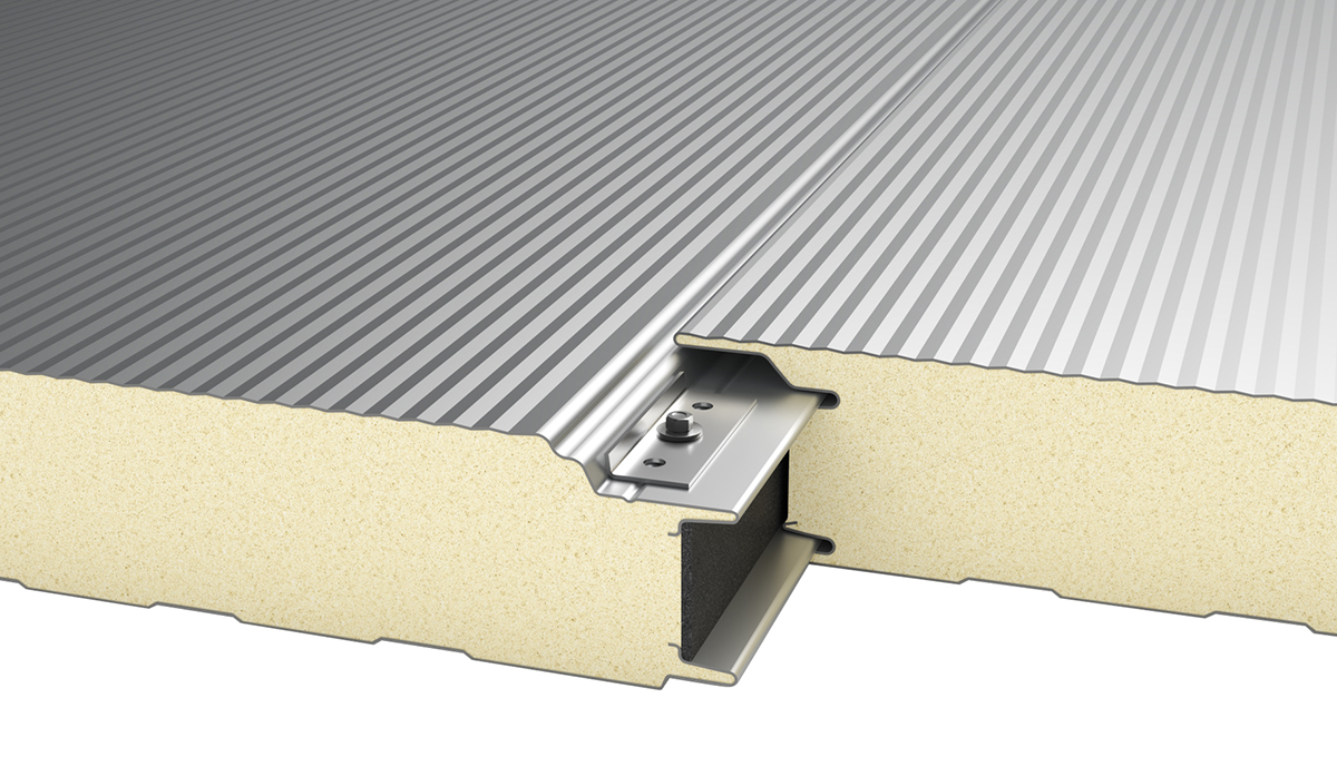 Das Bild zeigt eine Sandwichwand mit verdeckte Befestigung